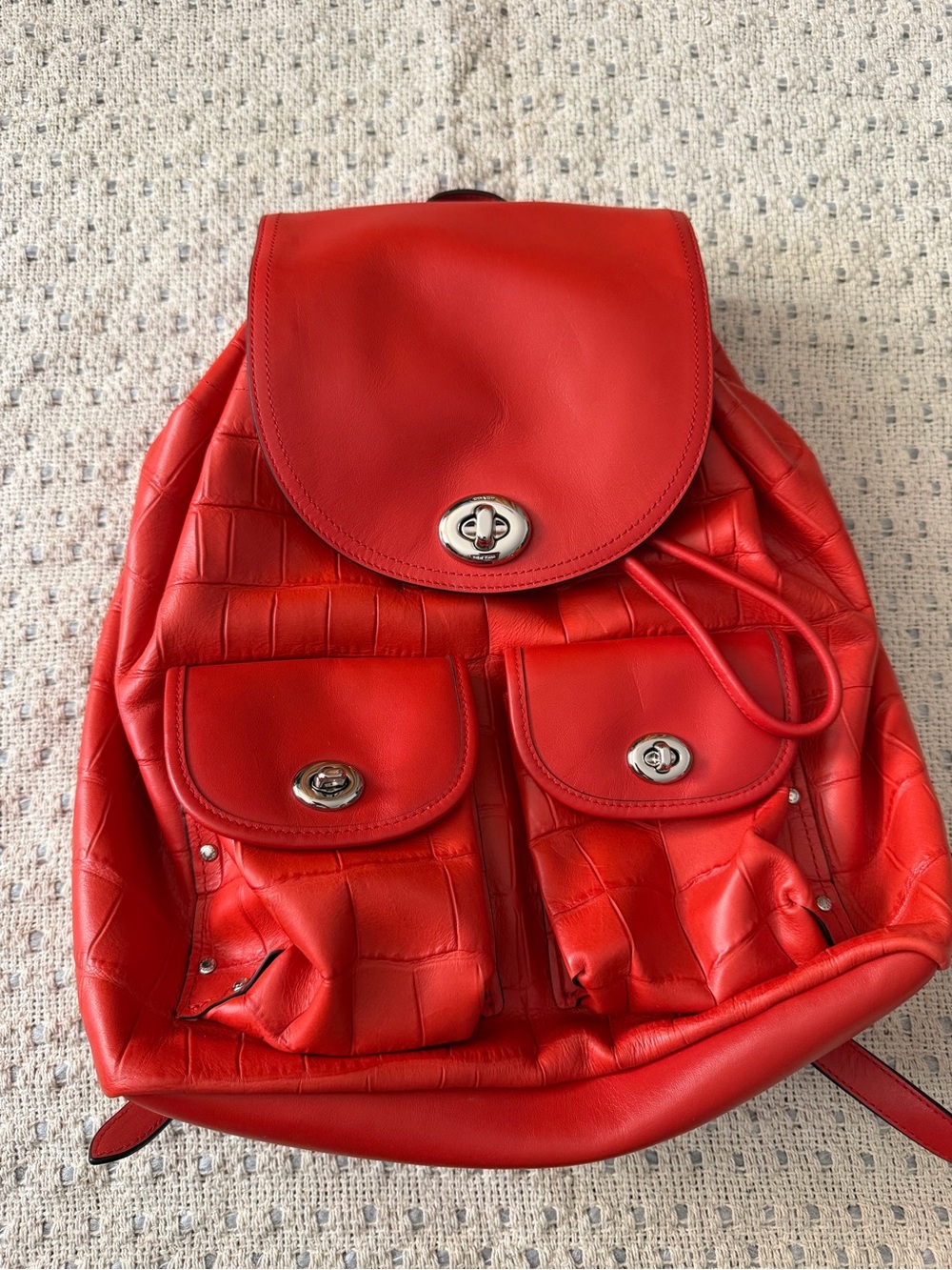 Coach Red Leather Backpack with Front Flap and Turn-Lock Pockets